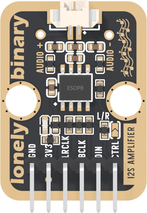 The TK100 from directly above: a white two-pin socket at the top between AUDIO + on the left and AUDIO - on the right, the eight-legged chip in the middle between two round LEGO holes, a small jumper marked L/R at the lower right, I2S AMPLIFIER up the right edge, and six right-angle pins along the bottom printed GND, 3V3, LRCLK, BCLK, DIN and CTRL.