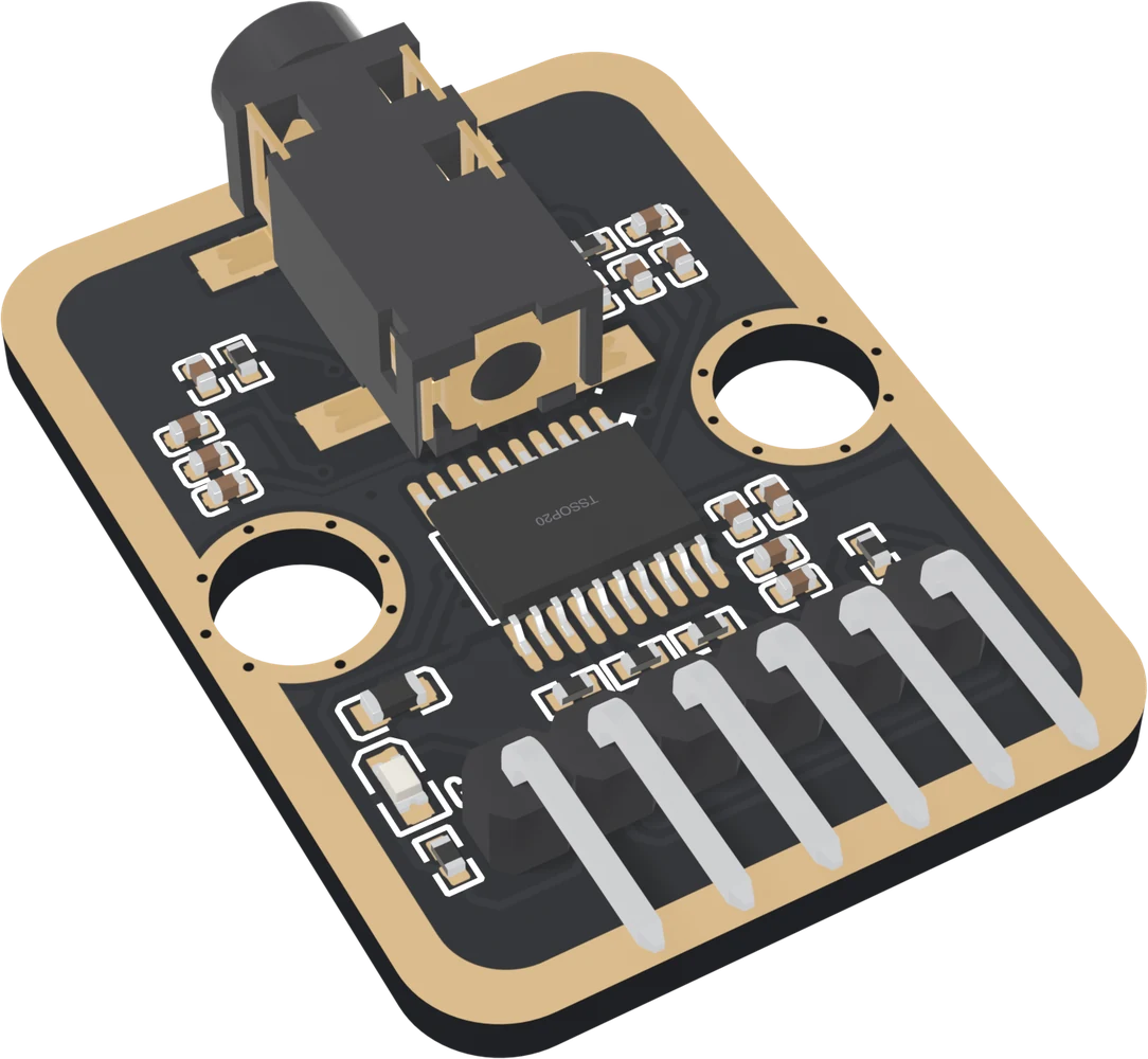 The TK103 from above at an angle: a black board with a gold border, a black 3.5 mm headphone jack standing off the back edge, the twenty-legged PCM5102A in the middle between two round LEGO holes, small capacitors around it, the power LED at the front left, and six right-angle pins out of the front edge.