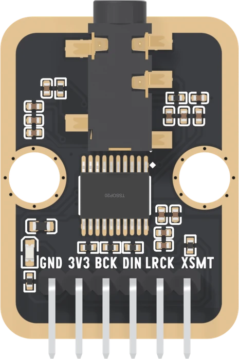 The TK103 from directly above: a black 3.5 mm jack standing off the top edge, the twenty-legged PCM5102A below it between two round LEGO holes, small capacitors and resistors around it, a red LED at the bottom left, and six right-angle pins along the bottom printed GND, 3V3, BCK, DIN, LRCK and XSMT.