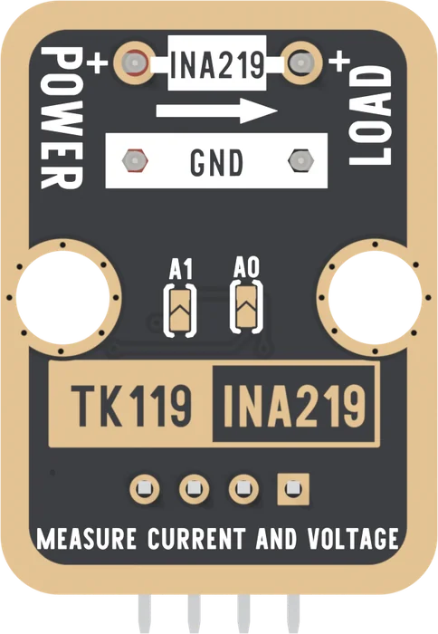 The back of the TK119: POWER plus top left and LOAD plus top right joined by a box printed INA219 over an arrow pointing right, a box printed GND between the two minus pads, two small bracketed solder pads labelled A1 and A0 between the round holes, a boxed TK119 INA219, four header pads with the square one on the right, and MEASURE CURRENT AND VOLTAGE along the bottom.