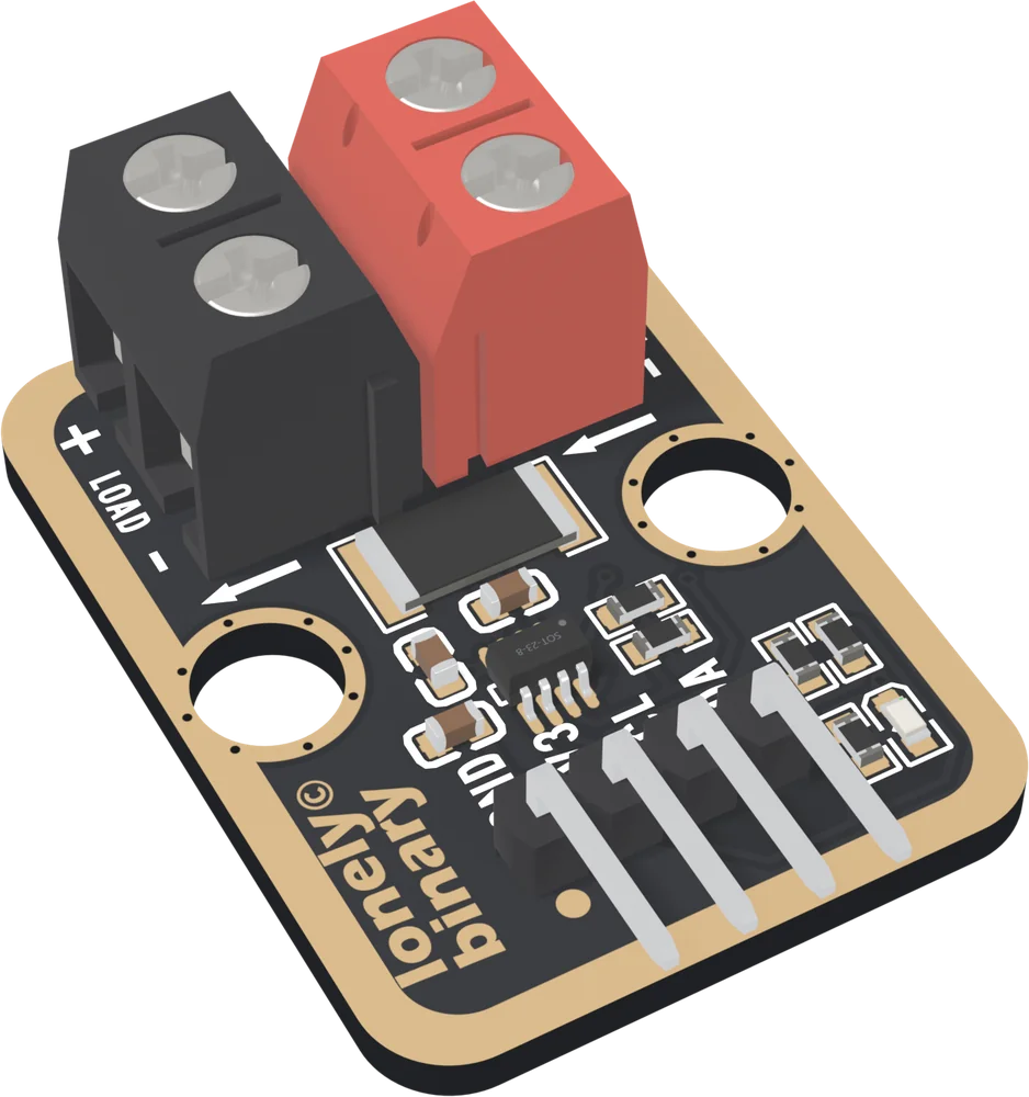 The TK119 at an angle: a small black board with a gold border, a black two-screw terminal on the left and a red one on the right standing at the back edge, LOAD and plus and minus printed beside the black one, a large black rectangular shunt resistor between them under two arrows pointing left, two round LEGO holes, the eight-legged chip, and four right-angle pins out of the front edge.
