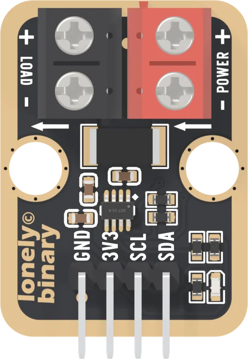 The TK119 from directly above: the black LOAD terminal top left and the red POWER terminal top right, each with a plus screw above a minus screw, two arrows pointing from POWER toward LOAD over the long shunt resistor, the round holes left and right, the small chip in the middle with capacitors on its left and two resistors on its right, lonely binary up the left edge, and GND, 3V3, SCL and SDA printed over the four pins.