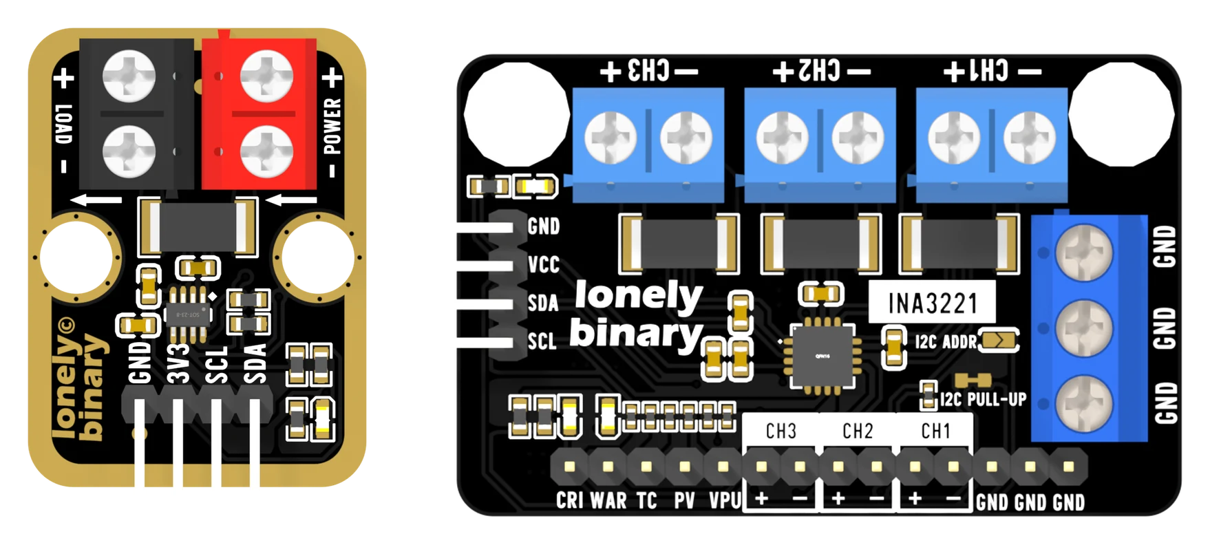 The TK119 block and the INA3221 board side by side and to scale, seen from above: the small portrait TK119 with a black screw terminal marked LOAD, a red one marked POWER, a large rectangular shunt resistor between them under two arrows, and a four-pin header labelled GND, 3V3, SCL, SDA; the wide INA3221 with three blue channel terminals marked CH3, CH2 and CH1, a three-way ground terminal, a 14-pin header labelled CRI, WAR, TC, PV, VPU and three plus-and-minus pairs, and a four-pin header labelled GND, VCC, SDA, SCL.
