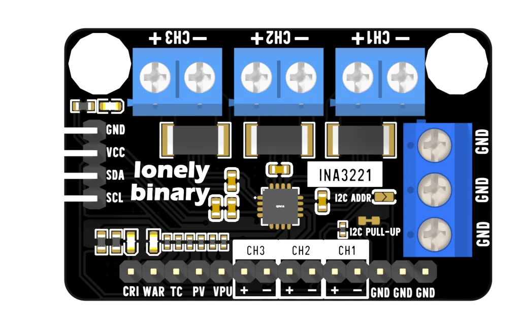 The top of the INA3221 board: a black PCB with three blue two-way screw terminals labelled CH3, CH2 and CH1 along the top edge and a blue three-way terminal labelled GND GND GND at the right, three large rectangular shunt resistors below them, a 16-pin QFN chip in the centre beside a box reading INA3221, a solder jumper marked I2C ADDR and a cuttable pad marked I2C PULL-UP, a four-pin header on the left edge labelled GND, VCC, SDA, SCL, and a 14-pin header along the bottom labelled CRI, WAR, TC, PV, VPU, then plus and minus for CH3, CH2 and CH1, then GND GND GND.