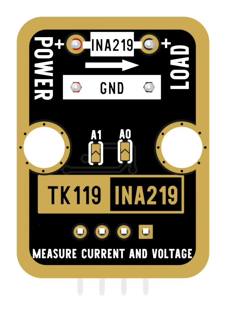 The back of the TK119 block: a black PCB with a gold-plated edge, printed POWER + on the left and + LOAD on the right with an arrow between them and a bar marked GND below, two small solder-bridge pads labelled A1 and A0 in the middle, a boxed label reading TK119 INA219, and the line MEASURE CURRENT AND VOLTAGE along the bottom.