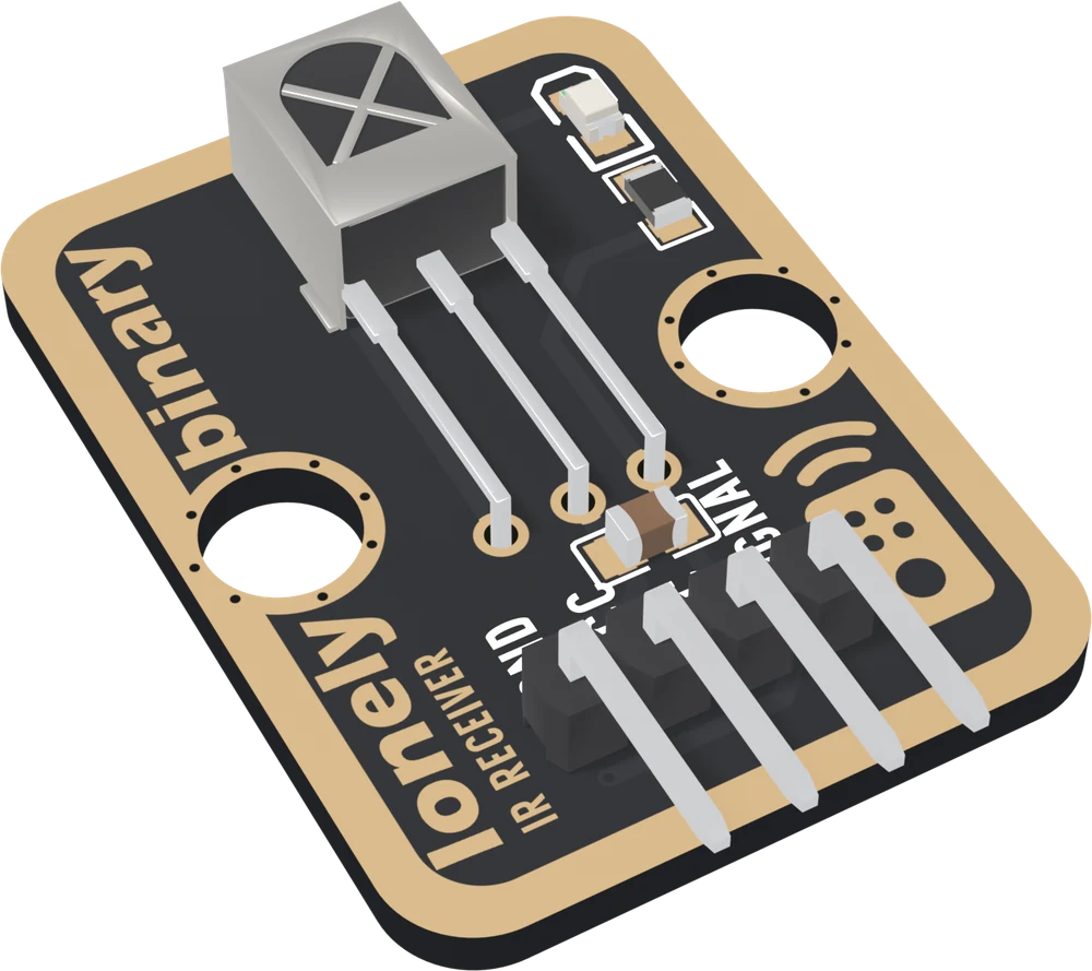 The TK15 at an angle: a black board with a gold border, a steel box with an X-shaped window lying flat near the top, its three legs running down to three holes, an LED and a resistor at the top right, lonely binary and IR RECEIVER along the left edge, two big mounting holes, and a right-angle header whose four pins point out past the bottom edge.