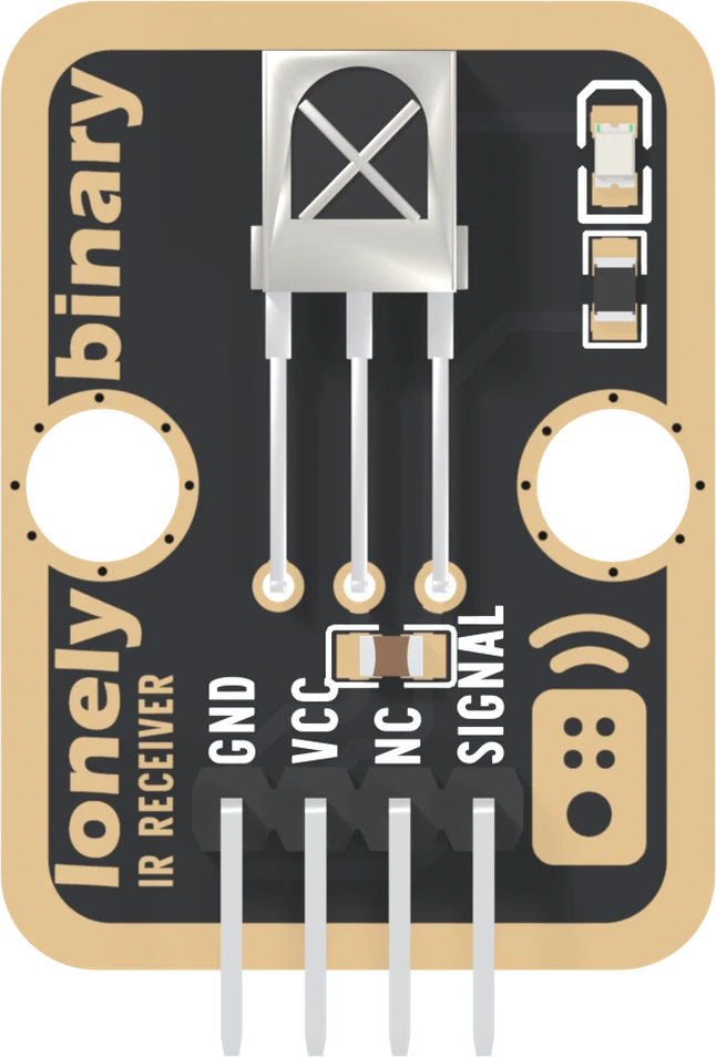 The TK15 from the parts side: a black board with a gold border. Near the top, a steel box with an X-shaped window lies flat, its three legs running down to three holes in the middle of the board. At the top right, a small LED above a resistor. A tan capacitor sits between the holes and the header. Two large mounting holes, lonely binary and IR RECEIVER up the left edge, a remote-control icon on the right, and a right-angle header along the bottom labelled GND, VCC, NC and SIGNAL.