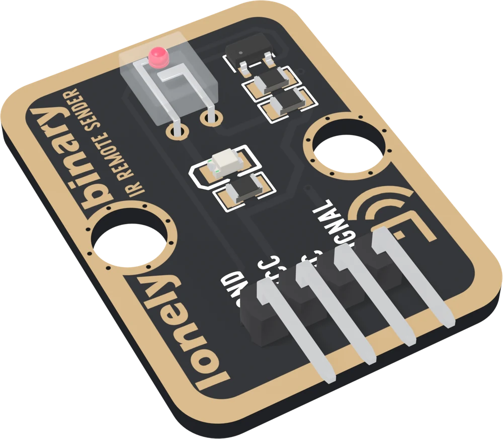The TK16 at an angle: a black board with a gold border, a small clear infrared LED lying flat near the top with a lens in its upper face and two legs bent down to two holes, a three-legged transistor and two resistors at the top right, an LED and a resistor in the middle, lonely binary and IR REMOTE SENDER along the left edge, two big mounting holes, and a right-angle header whose four pins point out past the bottom edge.