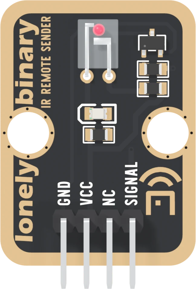 The TK16 from the parts side: a black board with a gold border. Near the top, a small clear block lies flat with a lens in its upper end, two legs bent down to two holes below it. At the top right, a three-legged transistor above two resistors. In the middle, a small LED above a resistor. Two large mounting holes, lonely binary and IR REMOTE SENDER up the left edge, a transmitter icon on the right, and a right-angle header along the bottom labelled GND, VCC, NC and SIGNAL.