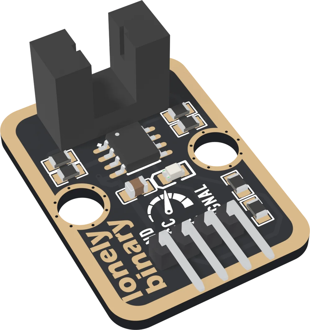 The TK61 at an angle: a black board with a gold border, two tall black towers standing at the top with a slot between them, an eight-pin chip below them, pairs of small resistors either side of the chip, a capacitor and an LED side by side, a white speedometer drawing, lonely binary up the left edge, two round LEGO holes, two more resistors at the lower right, and four right-angle pins labelled GND, VCC, NC and SIGNAL.