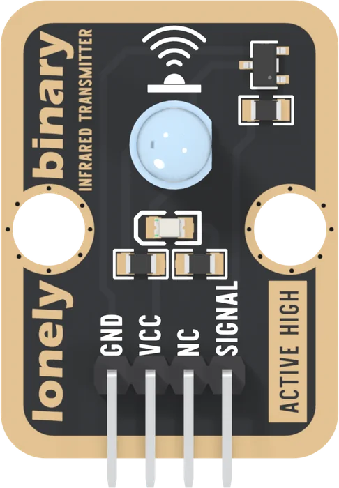 The front of the TK63, header at the bottom: a black board with a gold border, lonely binary and INFRARED TRANSMITTER up the left edge, a transmitter drawing at the top, a round 5 mm LED seen from above below it, a small three-legged transistor and a resistor at the top right, a small LED between the two round LEGO holes with two resistors under it, ACTIVE HIGH up the right edge, and four right-angle pins labelled GND, VCC, NC and SIGNAL.