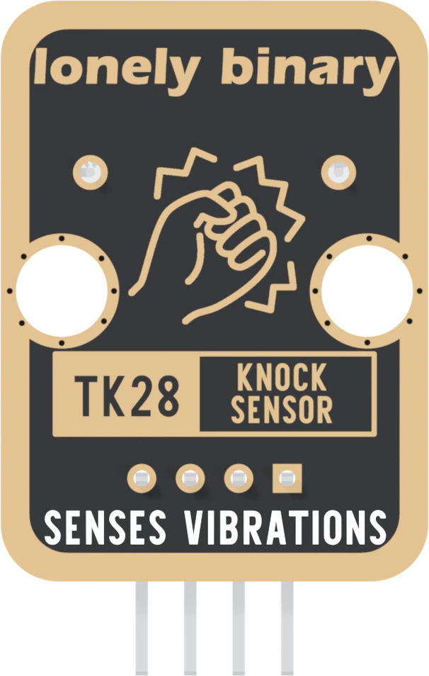 The back of the TK28: a black board with a gold border, lonely binary across the top, the two pads where the switch's legs come through, a large fist icon, two mounting holes, a boxed TK28 KNOCK SENSOR, four header pads in a row with the square one on the right, and SENSES VIBRATIONS along the bottom.