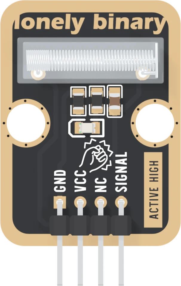 The TK28 seen from the front: a black board with a gold-plated border and lonely binary across the top, a clear rectangular switch lying flat below it with a long coiled spring inside and a leg soldered at each end, three small parts in a row under it, a tiny LED under those, two big mounting holes, a fist icon, a boxed ACTIVE HIGH up the right edge, and a right-angle header labelled GND, VCC, NC and SIGNAL from left to right.