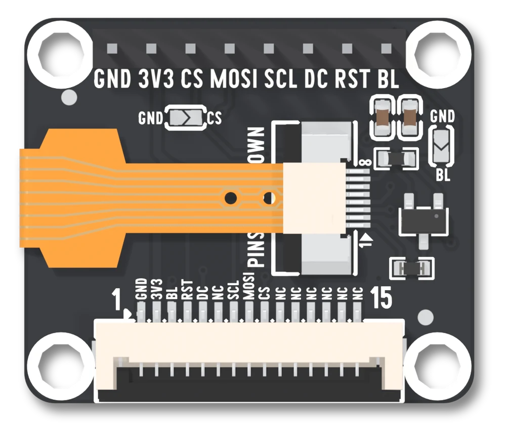 Front of the 0.96 inch board: eight header holes labelled GND 3V3 CS MOSI SCL DC RST BL along the top edge, a 15-way flat-cable socket numbered 1 to 15 along the bottom edge, the display's orange ribbon entering a small socket from the left, two small solder jumpers, and a mounting hole in each corner.