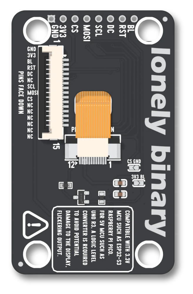 Front of the 1.8 inch board held upright: header holes GND 3V3 CS MOSI SCL DC RST BL along the top edge, a 15-way flat-cable socket on the left with its pin names, the display's orange ribbon in a 12-way socket in the middle, a 5 V warning box at the bottom and lonely binary printed down the right side.