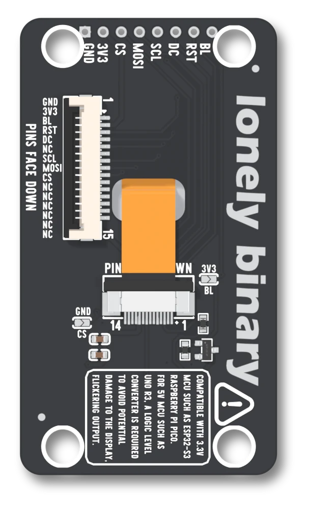 Front of the 2.0 inch board held upright: header holes GND 3V3 CS MOSI SCL DC RST BL along the top edge, a 15-way flat-cable socket on the left with its pin names, a 14-way socket in the middle taking the display's orange ribbon, a 5 V warning box at the bottom and lonely binary down the right side.