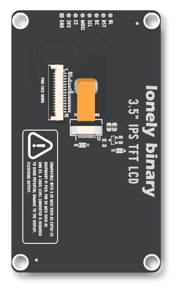 The connector face of the 3.5 inch board, black with white silkscreen. Along the top edge, eight holes are labelled from the left GND, 3V3, CS, MOSI, SCL, DC, RST and BL. Below them a white 15-way socket numbered 1 to 15 is labelled PINS FACE DOWN with the names GND, 3V3, BL, RST, DC, NC, SCL, MOSI, CS and six more NC beside it, an orange flex tail comes up through a slot into a 12-way socket numbered 1 and 12, two small solder jumpers are marked GND CS and 3V3 BL, and a boxed warning about 3.3 volt microcontrollers fills the lower left.