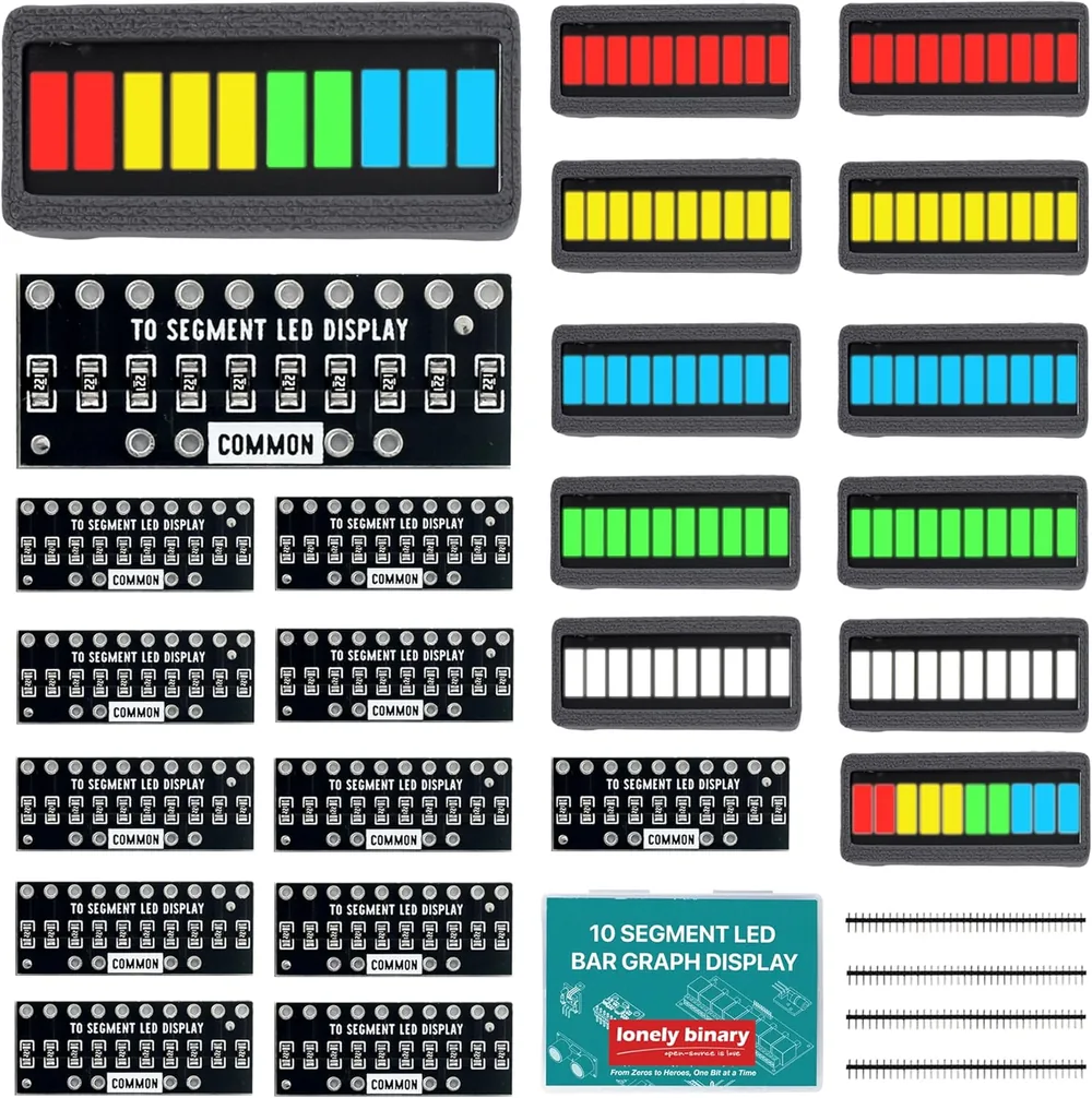 Everything in the kit laid out on white: twelve bar graphs in grey frames — two red, two yellow, two blue, two green, two white and two multicolour — twelve black resistor array boards printed TO SEGMENT LED DISPLAY and COMMON, a teal storage case, and four strips of pin header.