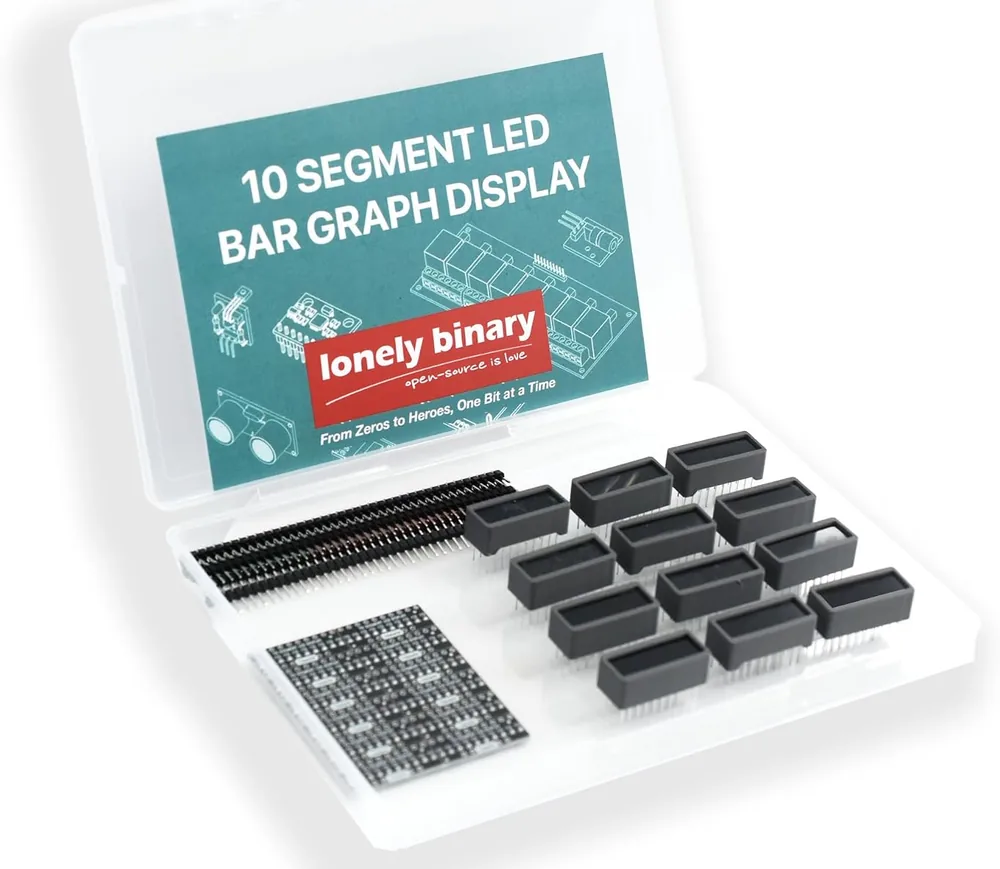 The open kit case: a teal card printed 10 SEGMENT LED BAR GRAPH DISPLAY with the lonely binary logo, two long strips of black male pin header, a panel of black resistor array boards, and a dozen bar graph packages in grey frames, each with two rows of silver pins.