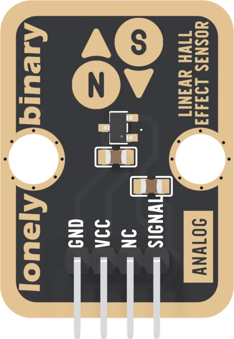 The front of the TK70, header at the bottom: lonely binary up the left edge, an N circle and an S circle with a triangle beside each near the top, a small black three-legged chip under them, a brown capacitor just below the chip and another lower right, two round LEGO holes, LINEAR HALL EFFECT SENSOR up the right edge, ANALOG in a box, and four pins labelled GND, VCC, NC and SIGNAL.