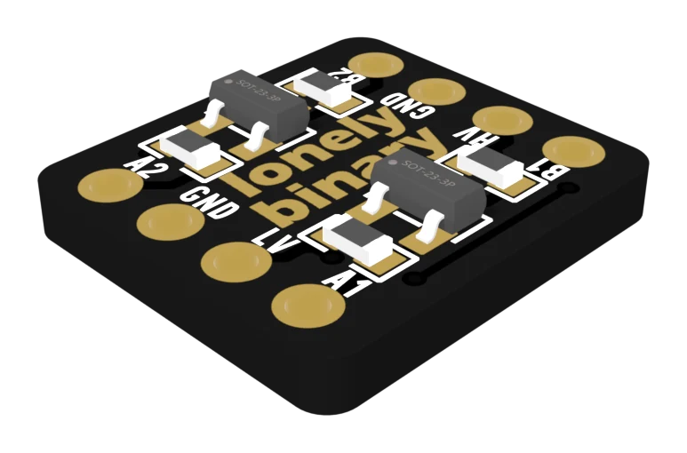The 2-channel converter board at an angle: black with gold pads, two small three-legged transistors and four tiny resistors, A1, LV, GND and A2 printed down one edge and B1, HV, GND and B2 down the other.