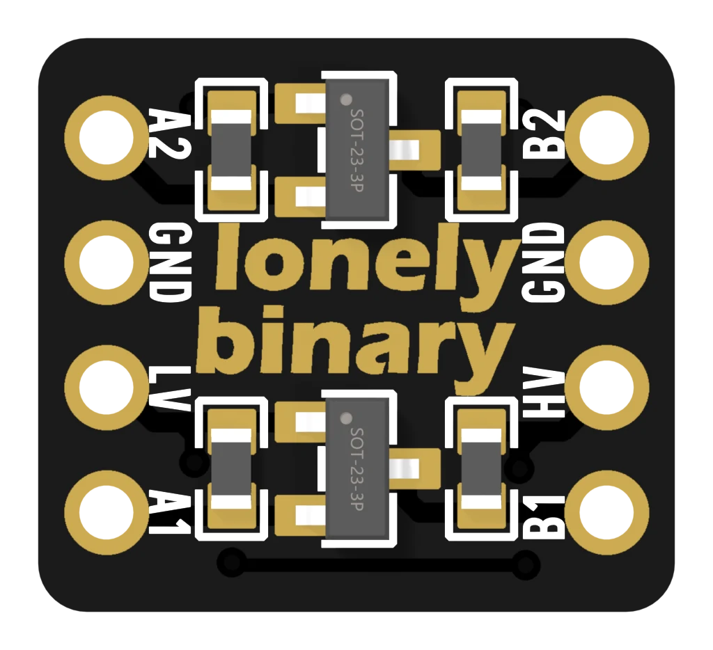 The 2-channel converter from above: two black three-legged transistors labelled SOT-23-3P, each with a small resistor on either side, and A2, GND, LV, A1 printed down the left edge with B2, GND, HV, B1 down the right.