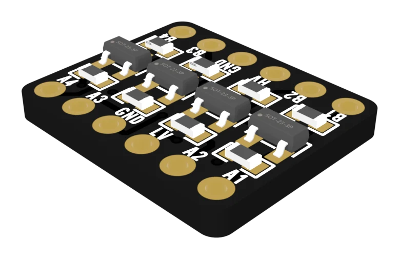 The 4-channel converter at an angle, four transistors in a row between two rows of gold pads, with A1, A2, LV, GND, A3, A4 along the near edge and the matching B pins along the far edge.