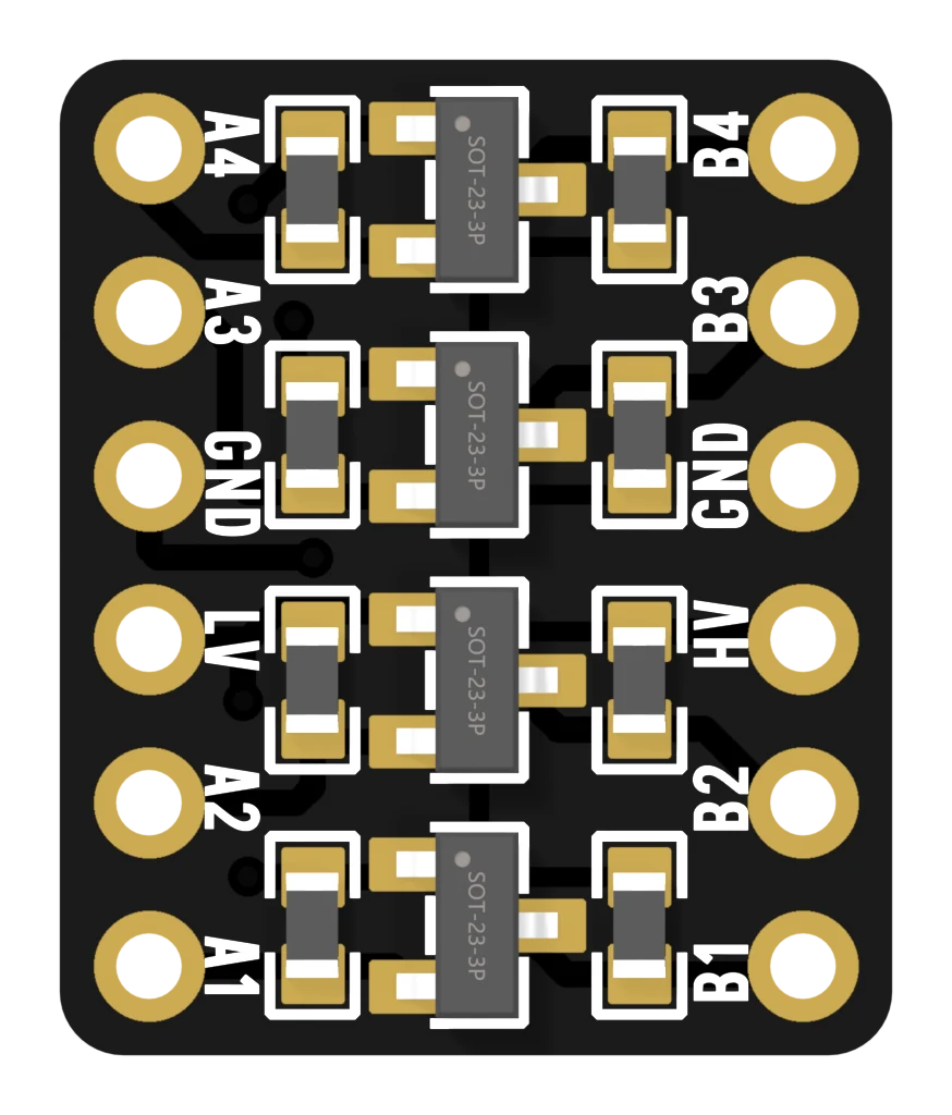 The 4-channel converter from above: four transistors in a column with a resistor either side of each, and A4, A3, GND, LV, A2, A1 printed down the left edge with B4, B3, GND, HV, B2, B1 down the right.