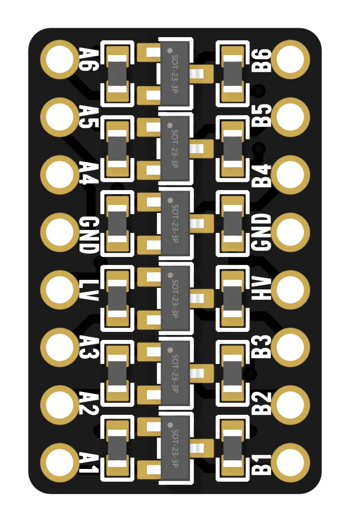 The 6-channel converter from above: six small transistors in a column down the middle, each with a resistor either side, and A6, A5, A4, GND, LV, A3, A2, A1 printed down the left edge with B6, B5, B4, GND, HV, B3, B2, B1 down the right.