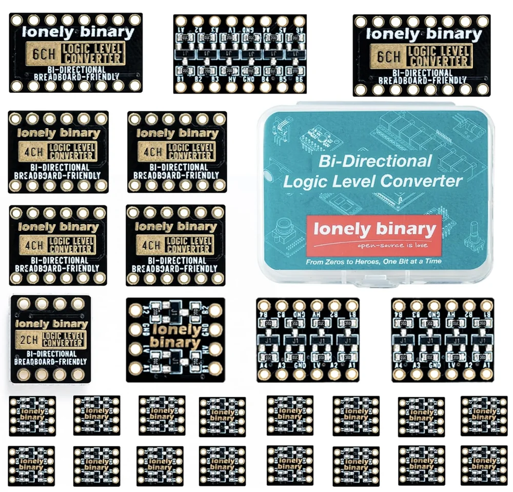 The 27-pack laid out around its teal storage case: rows of small black 2-channel converter boards, 4-channel and 6-channel boards shown front and back, the back printed LOGIC LEVEL CONVERTER, BI-DIRECTIONAL, BREADBOARD-FRIENDLY.