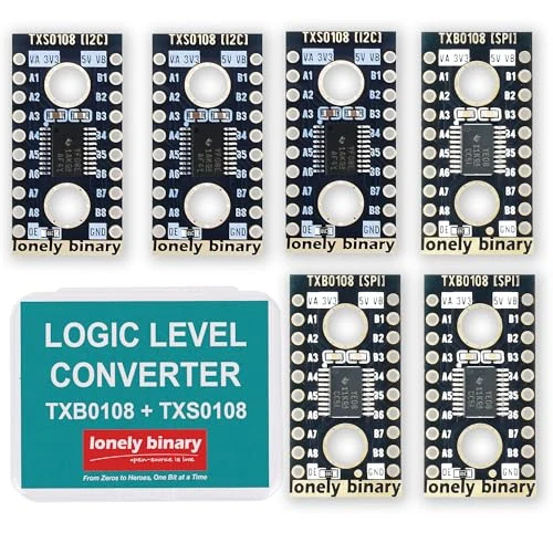 The 6-pack beside its teal storage case: three TXS0108 boards labelled I2C and three TXB0108 boards labelled SPI, each a long black board with a chip between two round holes and eight labelled pins down each edge.