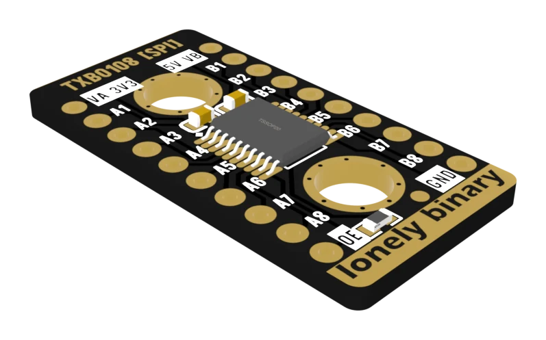 The TXB0108 board at an angle: a black board with the TXB0108 [SPI] title at the top, VA 3V3 and 5V VB at the upper corners, A1 to A8 and B1 to B8 down the edges, and OE and GND at the bottom corners.