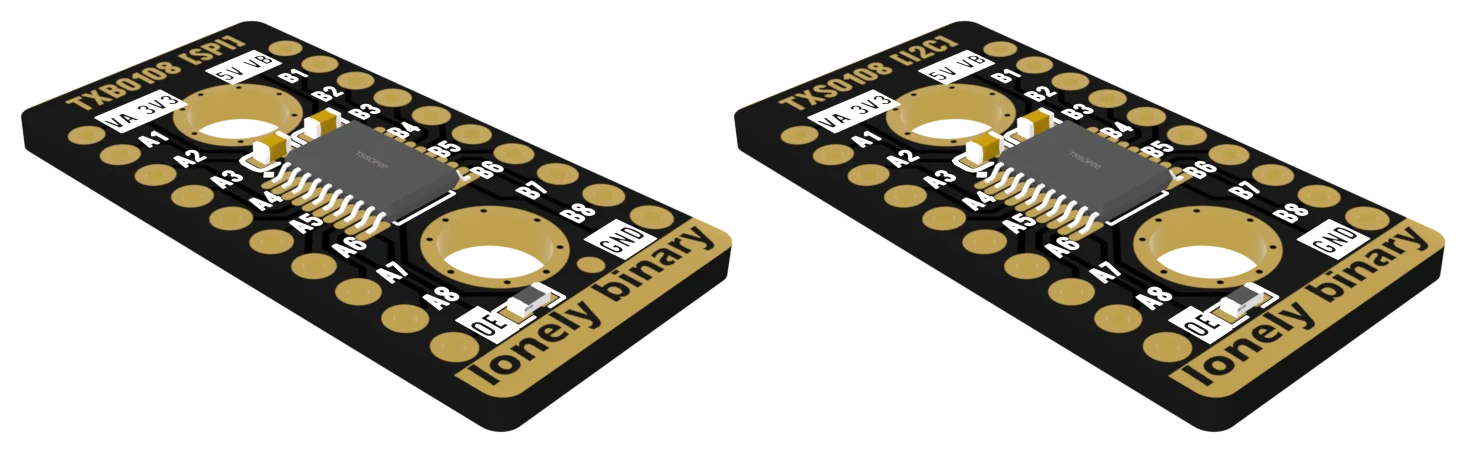 A TXB0108 board and a TXS0108 board side by side at an angle, both black with gold pads, a TSSOP chip in the middle between two large round mounting holes, and pins labelled VA 3V3, A1 to A8 and OE down one edge, 5V VB, B1 to B8 and GND down the other.