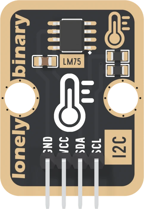 The TK42 seen from the parts side: a black board with a wide gold border, a black eight-legged chip near the top with a white dot by its lower-right leg, LM75 printed under it, a small brown capacitor to its left, two small black resistors at the right edge, a thermometer icon in the middle between two round mounting holes, lonely binary up the left edge, I2C in a box at the lower right, and a right-angle header labelled GND, VCC, SDA and SCL from left to right.