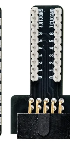 The right-angle breadboard adapter: a narrow black PCB with two parallel rows of ten plated holes, the labels printed between them reading GND, CLK, 7, 6, 5, 4, 3, 2, 1, 0 down each side, and a 2x5 header at the lower end where the analyzer plugs on.