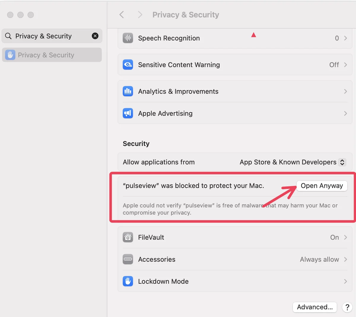 The macOS Privacy and Security settings pane. Under a Security heading, a highlighted row reads “pulseview” was blocked to protect your Mac, with an Open Anyway button at the right and the explanation that Apple could not verify it.