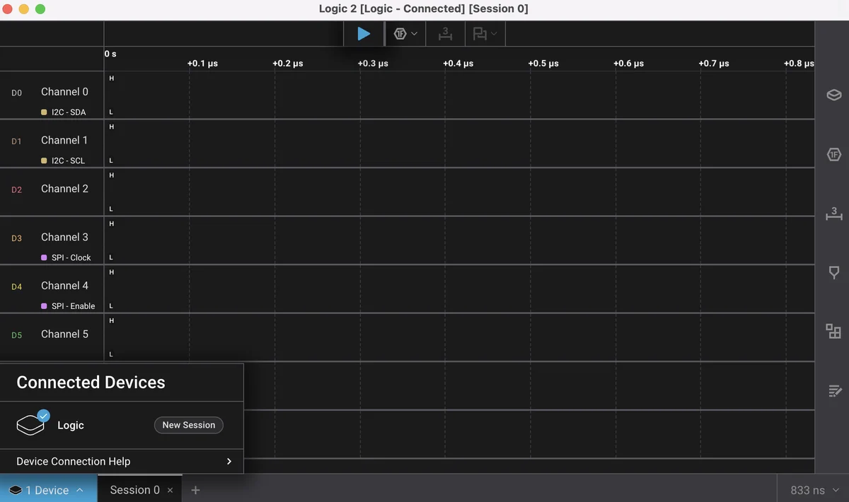 The Logic 2 window with eight channel rows named Channel 0 to Channel 7, two of them labelled I2C SDA and I2C SCL and two labelled SPI Clock and SPI Enable. A Connected Devices panel at the bottom left lists one device named Logic with a New Session button.