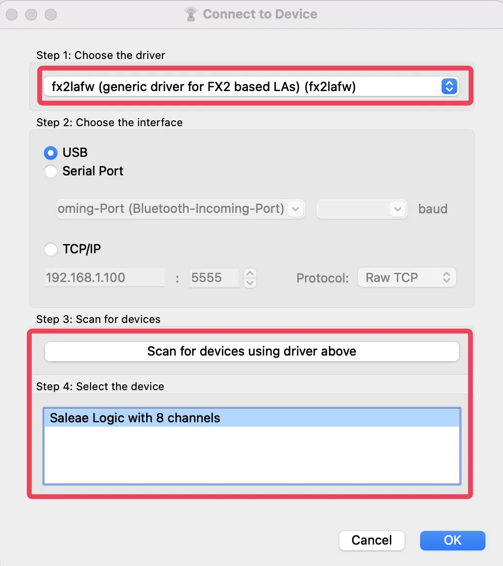 The PulseView Connect to Device dialog. Step 1 chooses the driver, set to fx2lafw, generic driver for FX2 based LAs. Step 2 chooses the interface, with USB selected. Step 3 is a Scan for devices button. Step 4 lists one result, Saleae Logic with 8 channels, selected.