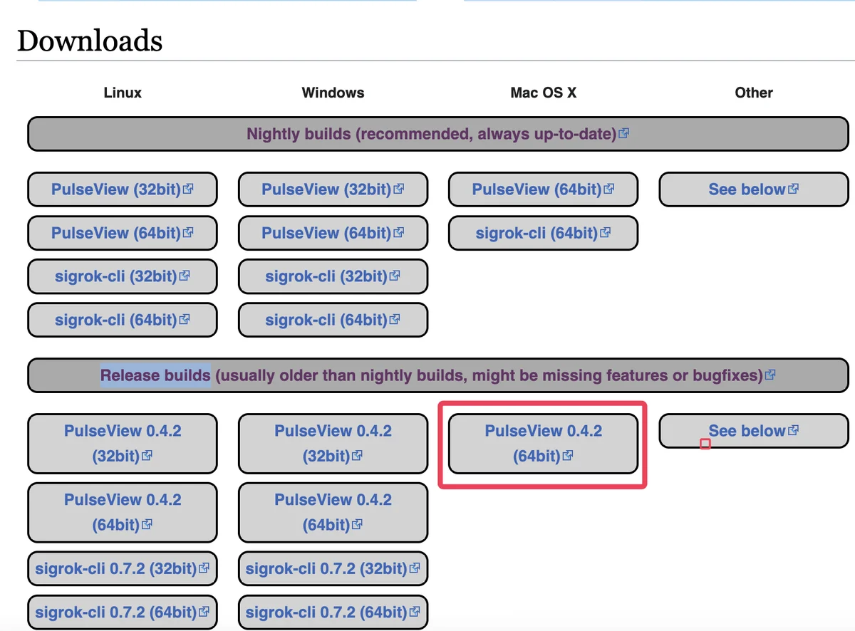 The sigrok downloads page: four columns headed Linux, Windows, Mac OS X and Other, a Nightly builds band marked recommended and always up-to-date with PulseView and sigrok-cli links under each platform, and a Release builds band below it offering PulseView 0.4.2.