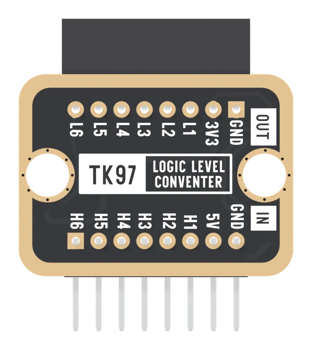 The back of the TK97: the socket along the top edge and the header's pins along the bottom, L6, L5, L4, L3, L2, L1, 3V3 and GND printed along the top row with OUT in a white box beside it, H6 to H1, 5V and GND along the bottom row with IN beside it, and TK97 with the board's name in a white box between the two LEGO holes.