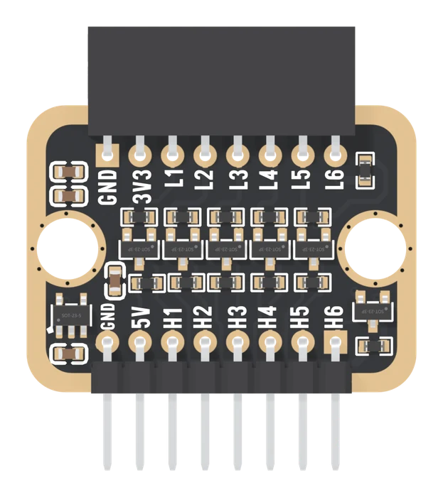 The TK97 from the front, landscape: a long black socket along the top edge with GND, 3V3, L1, L2, L3, L4, L5 and L6 printed under its eight pins, five small transistors in a row across the middle with a resistor above and below each, a sixth transistor at the right, the regulator and three small capacitors at the left, a round LEGO hole at each end, and a row of right-angle pins along the bottom edge under GND, 5V, H1, H2, H3, H4, H5 and H6.