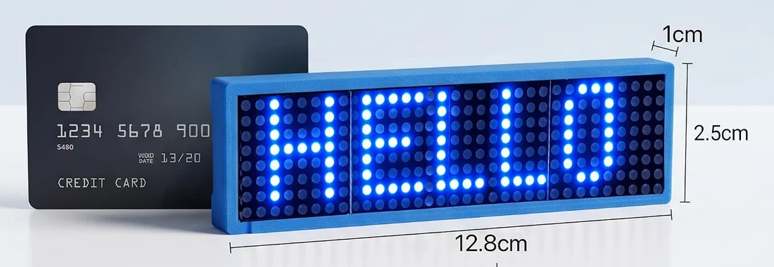 A blue-cased 32 by 8 matrix display showing the word HELLO in blue LEDs, standing beside a black credit card for scale, with dimension arrows marking 12.8 cm along the length, 2.5 cm up the side and 1 cm of depth.