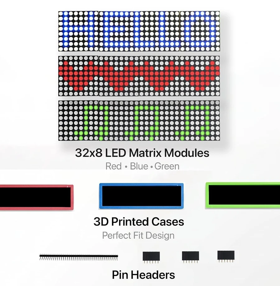 The contents of the box: three 32 by 8 matrix modules shown lit in blue, red and green, three 3D-printed cases in red, blue and green below them, and at the bottom one long male pin header strip and three short female header sockets.