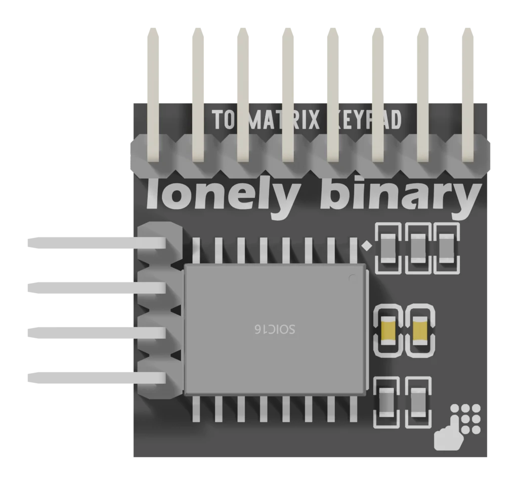 The compact adapter from the component side: eight pins along the top edge under the words TO MATRIX KEYPAD, four pins out of the left edge, the 16-pin PCF8574 chip in the middle, and small resistors and two capacitors to the right of the chip.