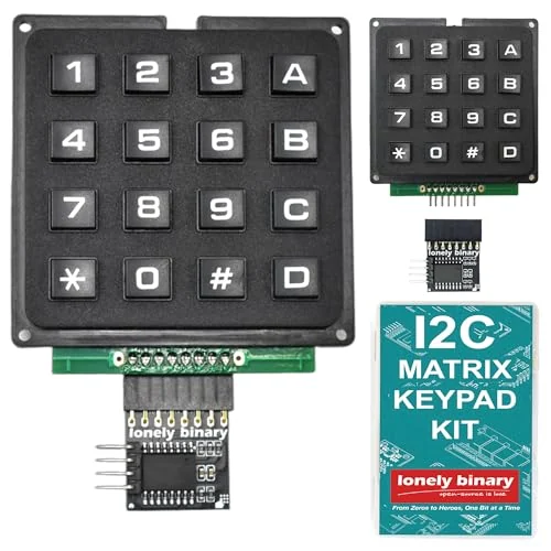 The heavy-duty 2-pack: a large keypad in a black rigid frame with raised keys 1 to 9, 0, A to D, star and hash, plugged into an adapter below it, a second keypad and adapter to the right, and the teal I2C MATRIX KEYPAD KIT box.