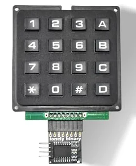 A heavy-duty keypad with black raised keys 1 to 9, A to D, star, 0 and hash, standing upright, its eight pins pushed down into the black socket along the top of the adapter board below it.