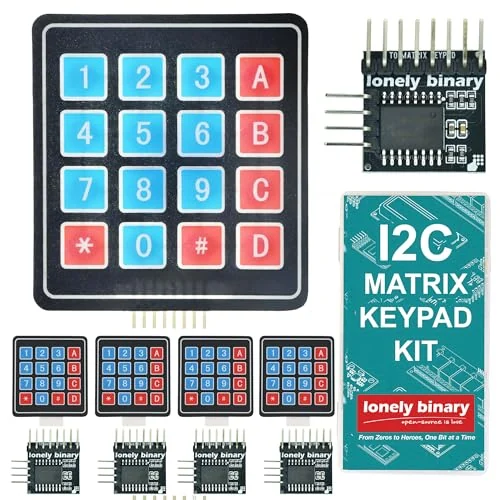 The soft keypad 5-pack: one large flexible membrane keypad with blue number keys and red A to D, star and hash keys, four smaller ones below it, five small black adapter boards with eight right-angle pins, and a teal box printed I2C MATRIX KEYPAD KIT.