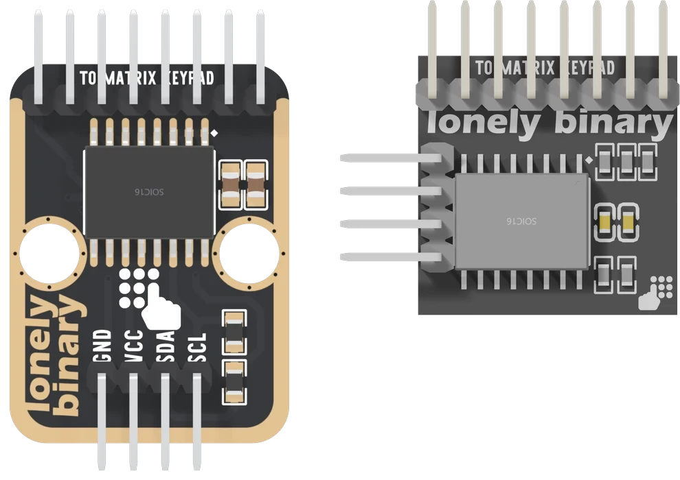 Two adapters at one scale, keypad header up. Left, the TK85: a black board with a gold edge, eight pins along the top under TO MATRIX KEYPAD, the chip, two round LEGO holes, lonely binary up the left edge, and four pins along the bottom under GND, VCC, SDA and SCL. Right, the smaller grey-rendered compact adapter: eight pins along the top, lonely binary across it, the chip, a column of small parts to its right, and four pins out of its left side.