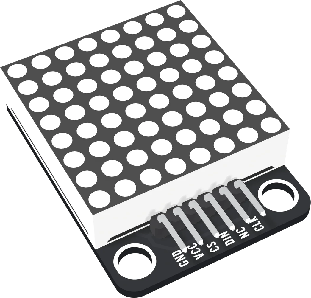 The TK52 at an angle: the 8 by 8 matrix stands as a thick block over most of the black board, its white side walls showing, and in front of it a strip of board with two round mounting holes and a right-angle six-pin header, its pins printed GND, VCC, CS, DIN, NC and CLK.