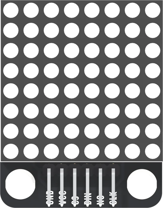 The TK52 seen from the front: a black board almost entirely covered by a square 8 by 8 grid of round LED dots, a strip of board below it with two round mounting holes at the corners, and between them a right-angle six-pin header whose pins lie flat toward the bottom edge, printed GND, VCC, CS, DIN, NC and CLK from left to right.
